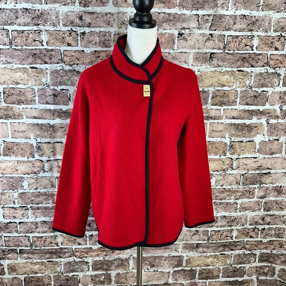 Calvin Klein Red Wool Blend Jacket Black Trim Gold Clasp Womens Size M